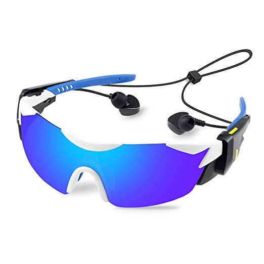 Ewin 3 in 1 Bluetooth Sunglasses Detachable Headphones Polarized Sports Glasses Hands free Calling for Men Women Running Cycling Driving Baseball (White Frame&REVO Blue Lens)
