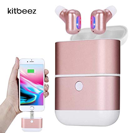 Kitbeez True Wireless Earbuds ,TWS Stereo Earphones Waterproof In-Ear Bluetooth Earbuds with Power Bank and Charging Case ,Built-in Mic Mini Dual Earbuds for Women Sport Running (Rose Gold)