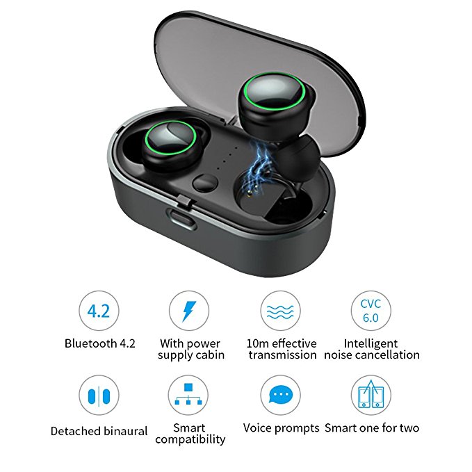 True Wireless Earbuds Mini Noise Cancelling Bluetooth V4.2 Earphones HD Stereo Waterproof With 500mAh Charging Case For Running Gym 10M Working Distance