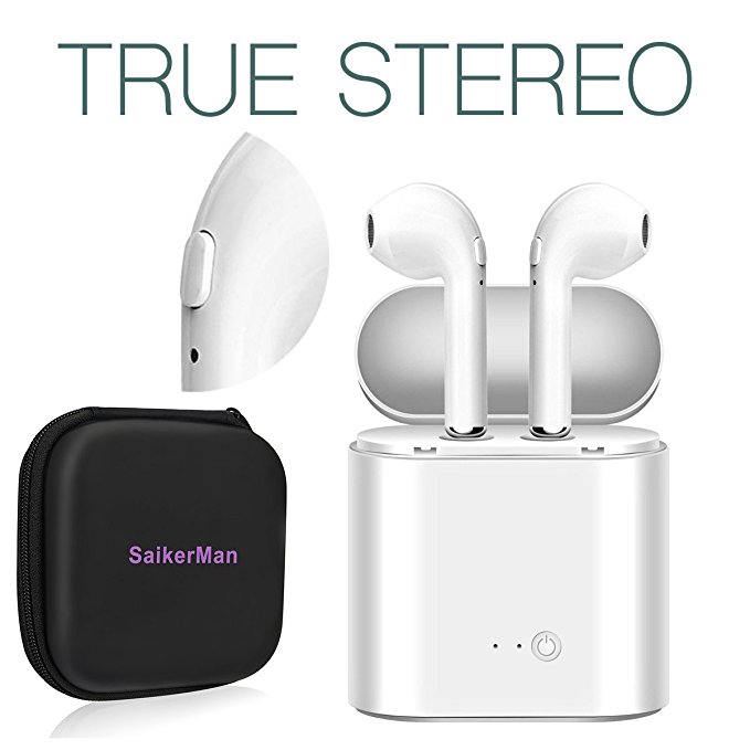 SaikerMan Bluetooth Wireless Earbuds, Mini In-Ear Sports Cordless Headphones Headsets with Charging Box for Bluetooth Devices (Not Laptops) - White