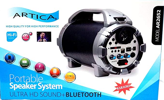 ARTICA AR2652 Portable Wireless Bluetooth Speaker FM Radio MP3 Player RECHARGING Battery, Micro TF SD Card, USB Input, AUX Line-In, Powerful Audio Driver VOICE RECORDING KARAOKE - BLUE / Black (BLACK)