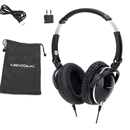 Active Noise Cancelling Headphones with Mic, MonoDeal Overhead Strong Bass Earphones, Folding and Lightweight Travel Headset with Carrying Case - Black