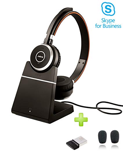 Jabra Evolve 65 Bluetooth Stereo Headset Bundle | MS Version | Bonus Mic Cushions, USB Dongle, Charging Stand | Compatible with Skype/Lync, Softphones, Smartphones, PC/MAC