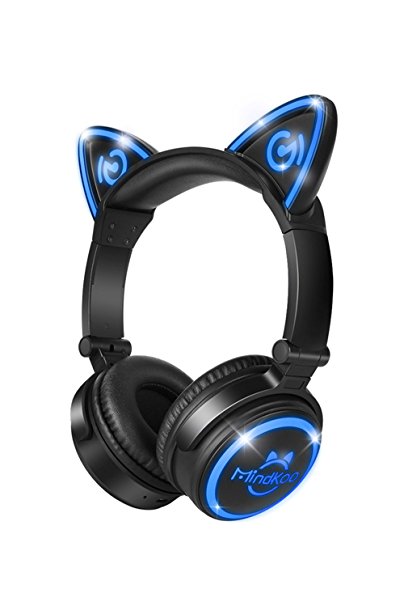 MindKoo Unicat MH-6 Kids Headphones,Cat Ear Bluetooth V4.2 Headsets On-Ear Earphones wtih Mic,(Patented Exclusive Design) with LED Flashing Glowing Cosplay Fancy Foldable Gaming Headsets - Black