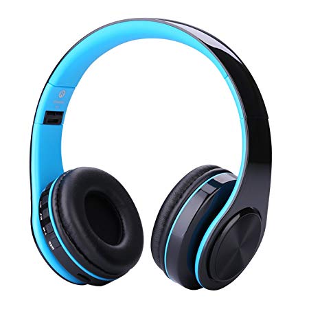 Hi-Fi Stereo Wireless Bluetooth Headphones with Microphone Hi-Fi Deep Bass Wireless Headphones Over Ear, 20H Playtime for Travel Work TV Computer Iphone/Black-Blue