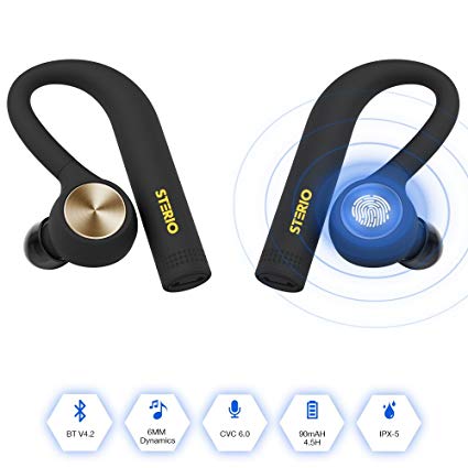 STERIO True Wireless Bluetooth Headphones V4.2 Wireless Bluetooth Headsets IPX5 Sweatproof Stereo Bluetooth Earbuds with Mic for iOS and Android Devices (NOT Include SAMSUNG Phones with Android 8.0)