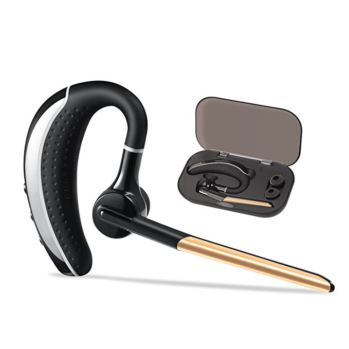 Bluetooth Headset, Wireless Business Bluetooth Earpiece V4.1 Ultralight Earphones In-ear Earbuds with Mic for Office/Workout/Driving (Gold+Case)