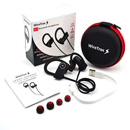 WireTrax Bluetooth Wireless Workout Headphones with Sweat Proof Noise Cancelling Microphone and Travel Case for Smartphones and Tablets - Black