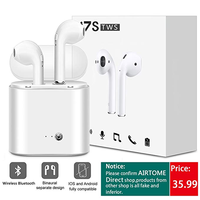 Bluetooth Headphones,AIRTOME Mini Wireless Sports Earphone/Stereo-Ear Sweatproof Earphones with Noise Cancelling and Charging Case Fit for iPhone X/8/7/6/6s plus and Most Android SmartPhones (White)