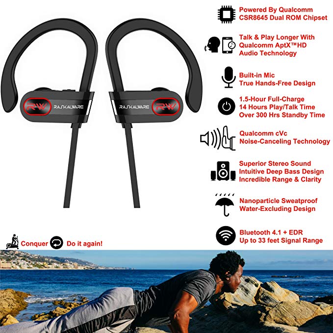 Raskalware Titanium Series Wireless Bluetooth Stereo Headphones w/ Mic, Sweatproof, Supreme Bass, Noise & Echo Cancelling, Enhanced Battery for Up to 12 – 14 Hrs Playback 300 Hrs Standby time